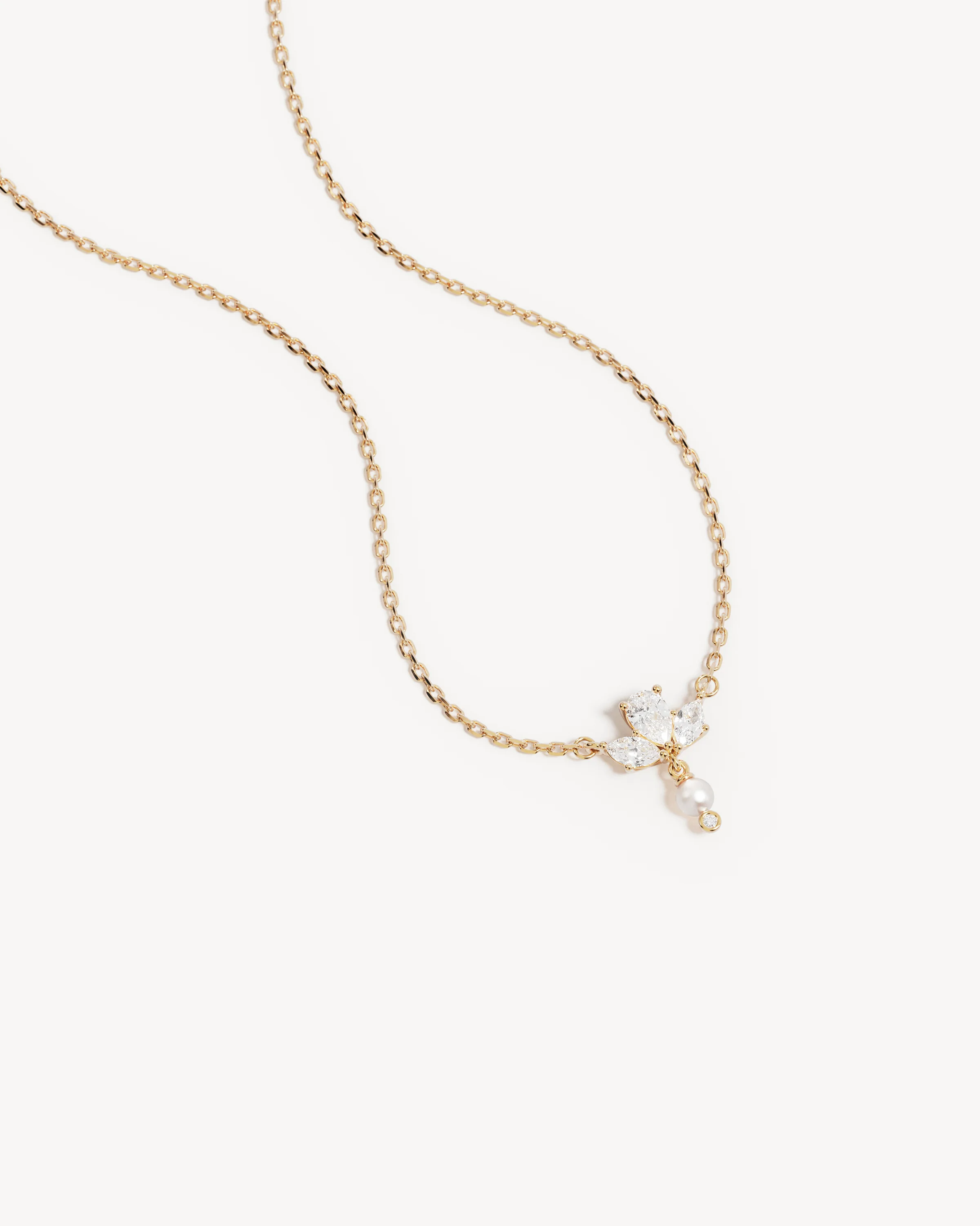 18k Solid Gold Floating Lotus Lab-Grown Diamond Pearl Necklace