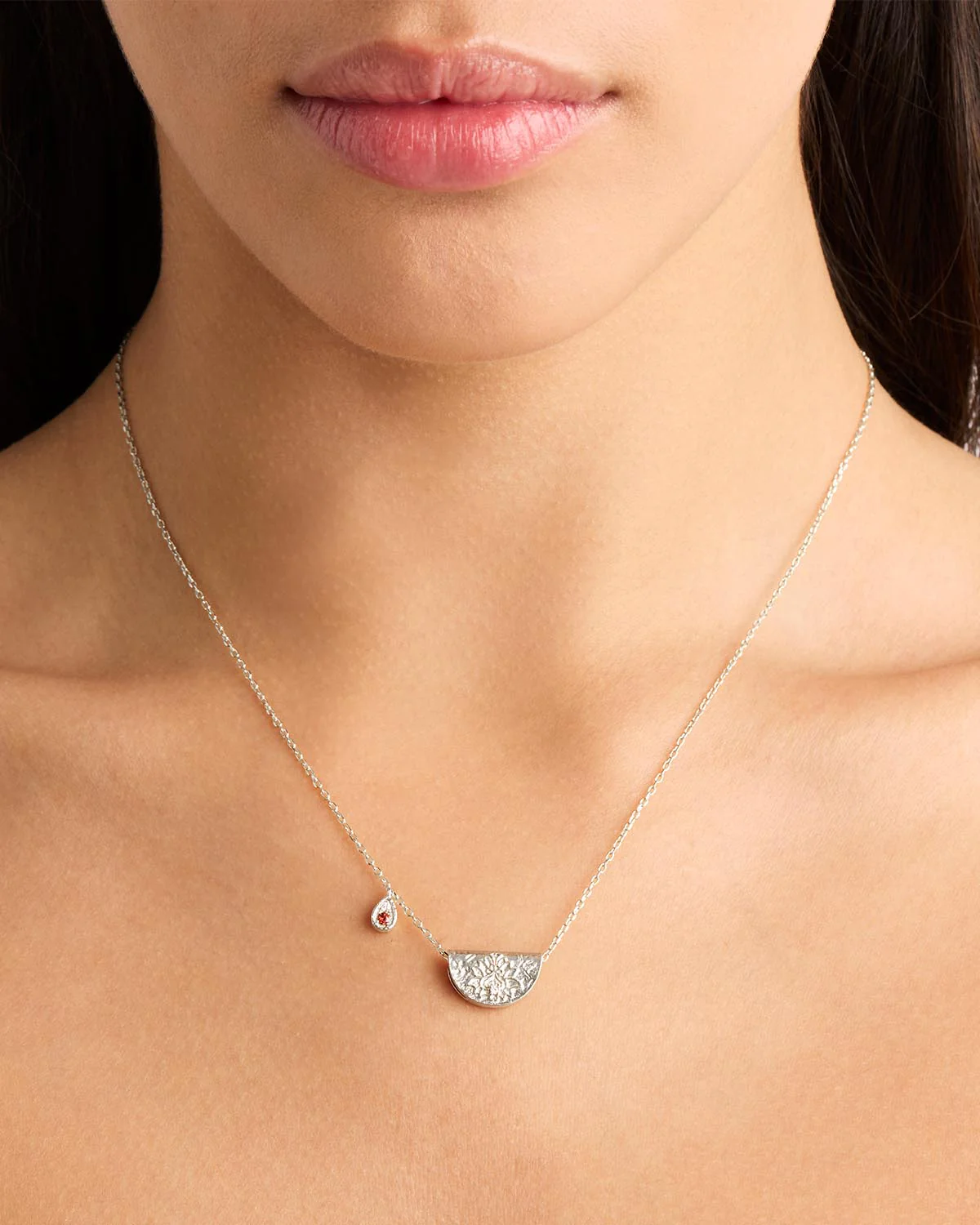Sterling Silver Lotus Birthstone Necklace - January - Garnet
