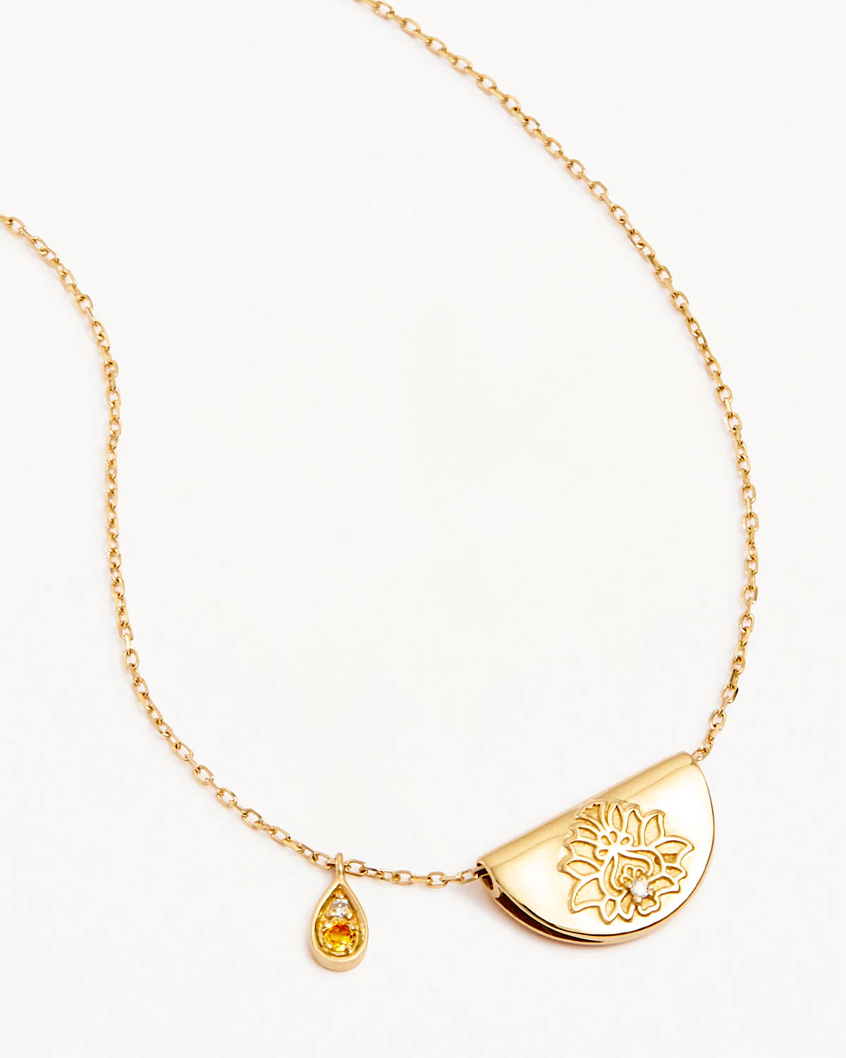 14k Solid Gold Lotus Birthstone Diamond Necklace - November - Citrine