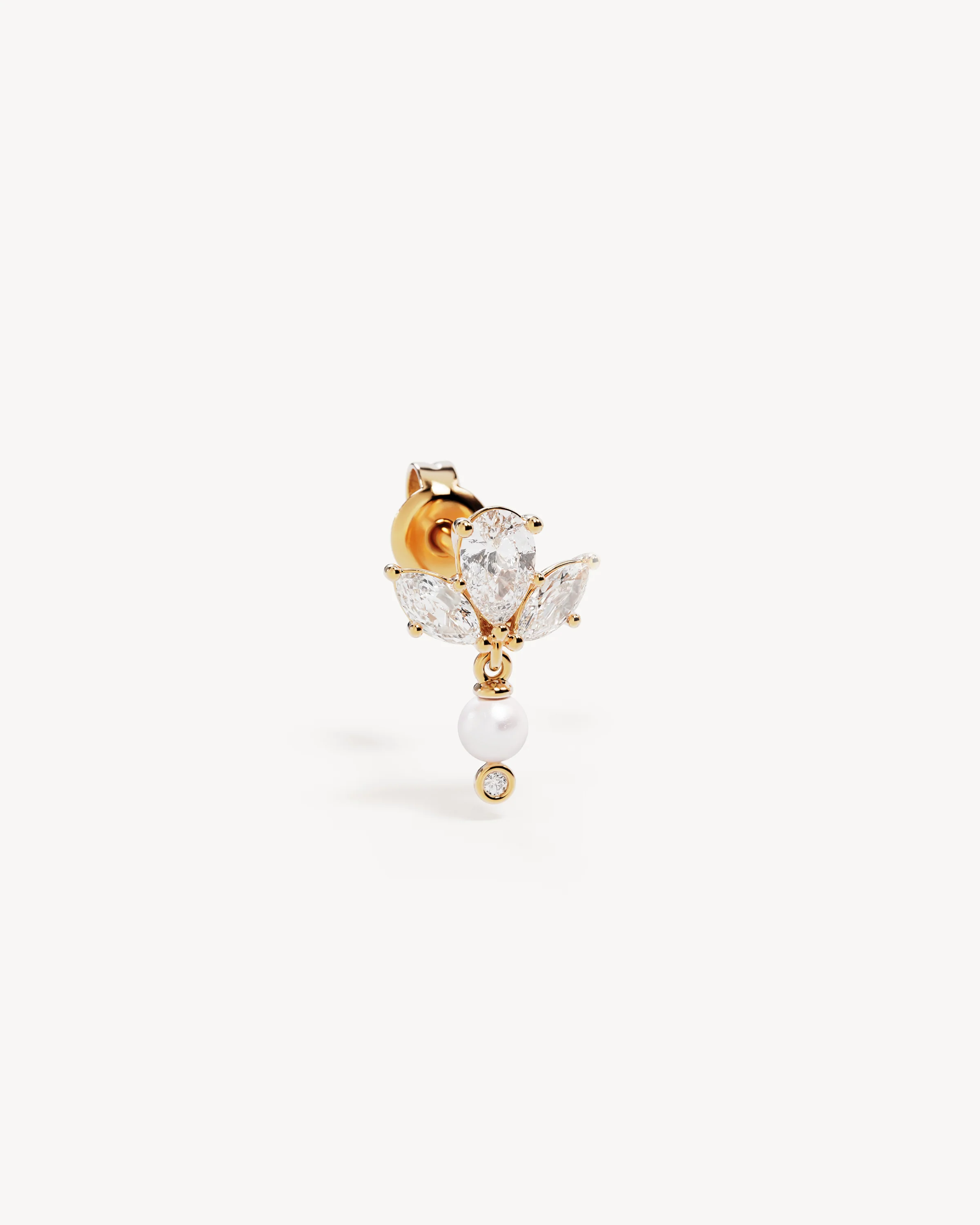 18k Solid Gold Floating Lotus Lab-Grown Diamond Pearl Earring