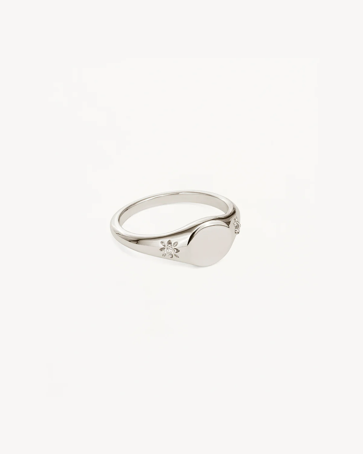 14k Solid White Gold Lotus Diamond Signet Ring