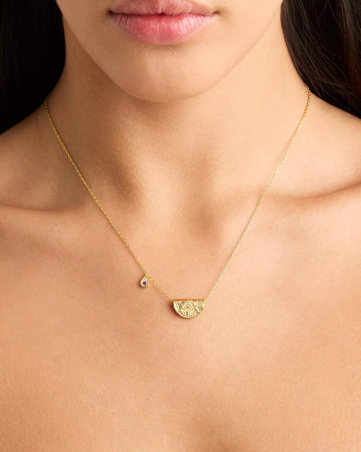 18k Gold Vermeil Lotus Birthstone Necklace - February - Amethyst